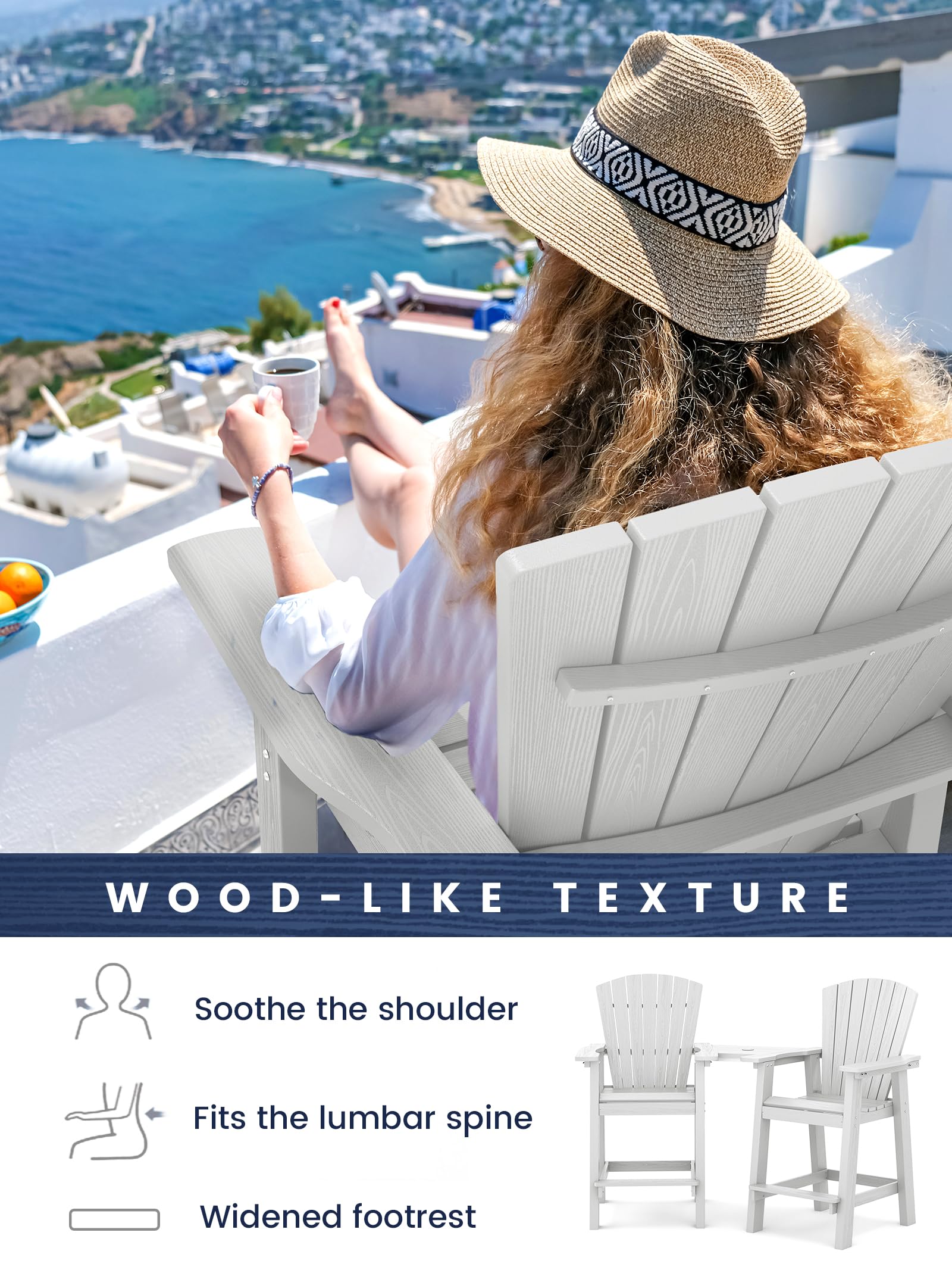 Kingyes Embossed Balcony Height Chair With Connecting Tray, Tall Poly Adirondack Chair Set Of 4, High Airondack Chair With Wood Grain, White